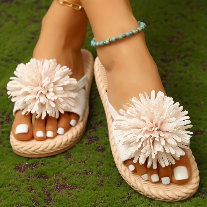 Women's Flower Decor Flat Flip Flops, Casual Solid Color Open Toe Non Slip Slides Shoes, Casual Summer Beach Slippers