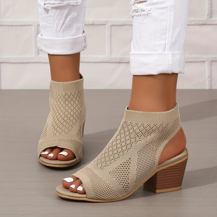 Women's Chunky Heeled Sandals, Knitting Peep Toe Slip On Slingback Low Heels, Fashion Fabric Sandals