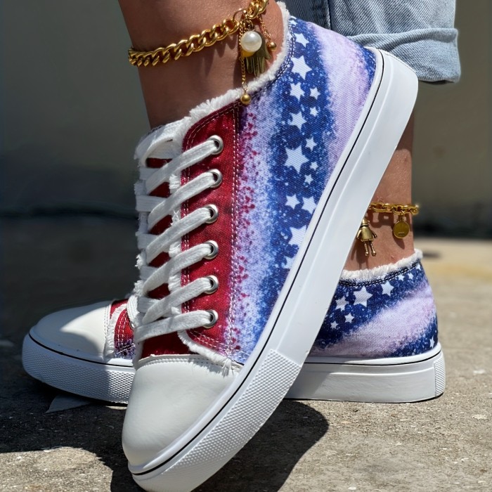 Women's Star Pattern Canvas Shoes - Lightweight Casual Lace Up Outdoor Independence Day Sneakers