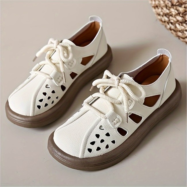 Women's Hollow Out Design Flat Shoes, Casual Lace Up Outdoor Shoes, Comfortable Low Top Shoes