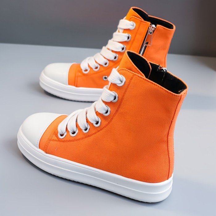 Women's Solid Color High Top Sneakers, Casual Lace Up Outdoor Shoes, Comfortable Side Zipper Shoes