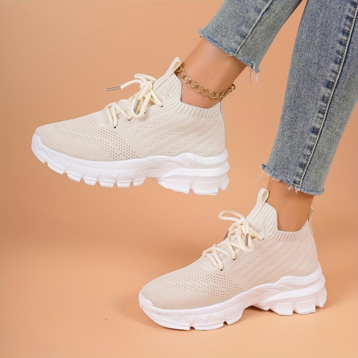 Women's Knitted Platform Sneakers, Breathable & Comfy Low Top Running Trainers, Casual Outdoor Walking Shoes