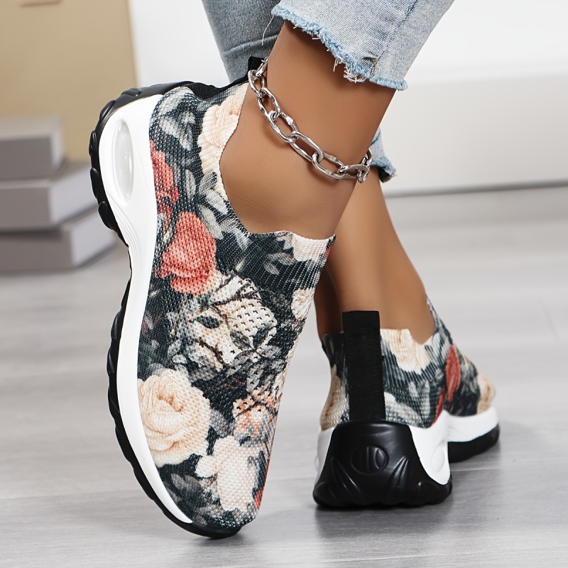Women's Flower Pattern Chunky Sneakers, Breathable Knit Slip On Outdoor Shoes, Comfortable Low Top Sport Shoes
