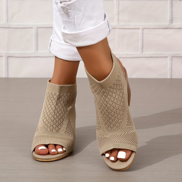 Women's Chunky Heeled Sandals, Knitting Peep Toe Slip On Slingback Low Heels, Fashion Fabric Sandals