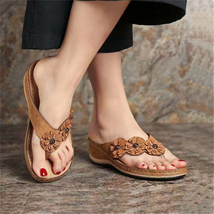 Women's Flower Flat Flip Flops, Solid Color Open Toe Non Slip Slides Shoes, Retro Casual Outdoor Slippers