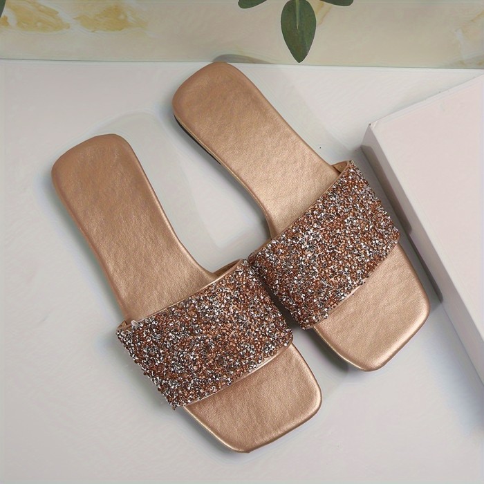 Women's Sequins Flat Slides, Fashionable Single Band Square Open Toe Shoes, Stylish Outdoor Beach Slides