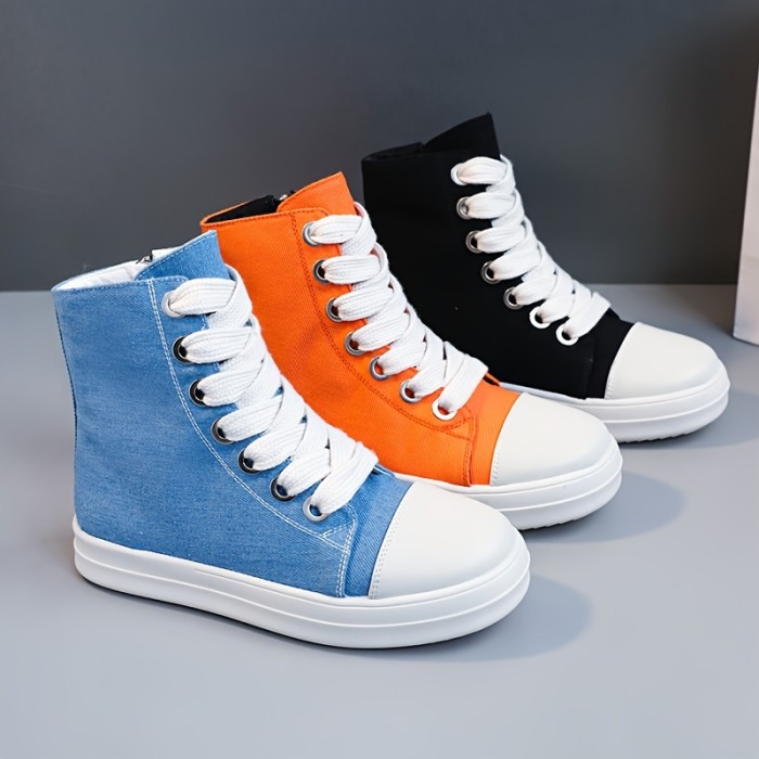 Women's Solid Color High Top Sneakers, Casual Lace Up Outdoor Shoes, Comfortable Side Zipper Shoes