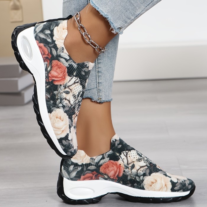 Women's Flower Pattern Chunky Sneakers, Breathable Knit Slip On Outdoor Shoes, Comfortable Low Top Sport Shoes