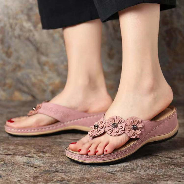 Women's Flower Flat Flip Flops, Solid Color Open Toe Non Slip Slides Shoes, Retro Casual Outdoor Slippers