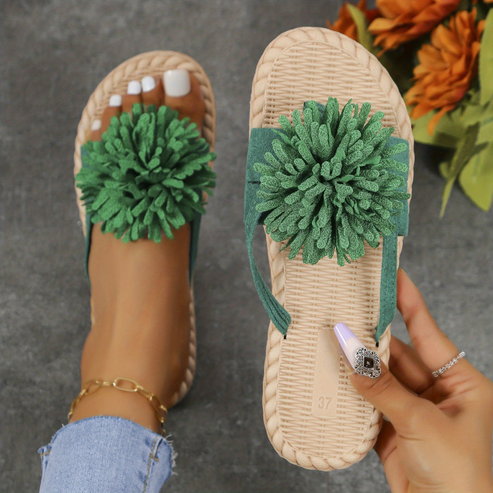 Women's Flower Decor Flat Flip Flops, Casual Solid Color Open Toe Non Slip Slides Shoes, Casual Summer Beach Slippers