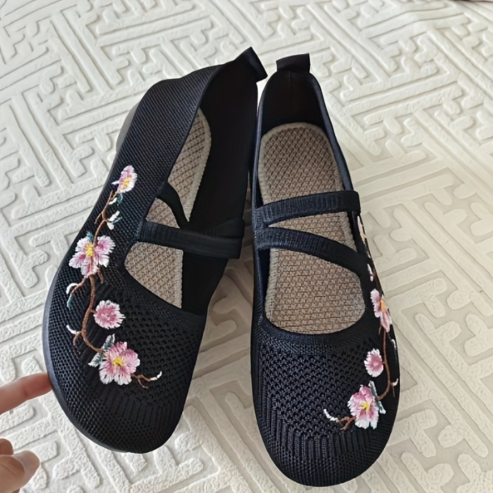 Women's Flower Pattern Flat Shoes, Breathable Knit Slip On Shoes, Lightweight & Comfortable Shoes