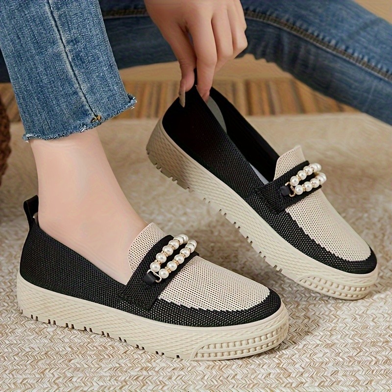 Women's Faux Pearl Sneakers, Breathable Knit Slip On Outdoor Shoes, Comfortable Low Top Shoes