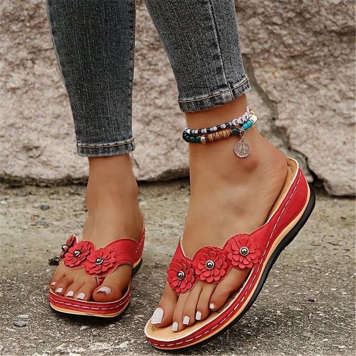 Women's Flower Flat Flip Flops, Solid Color Open Toe Non Slip Slides Shoes, Retro Casual Outdoor Slippers