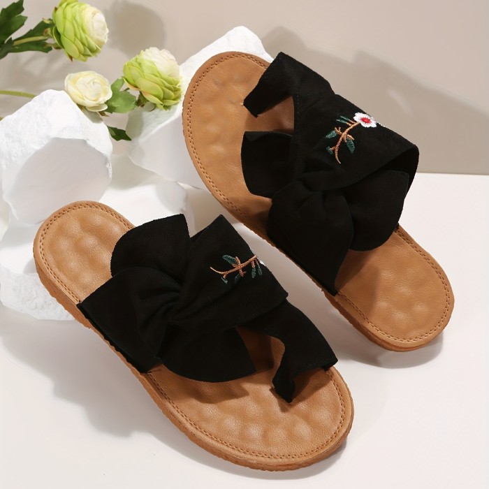 Women's Flower Embroidered Flat Slippers, Twist Knot Toe Loop Anti-skid Flip Flops, Casual Outdoor Slides Shoes
