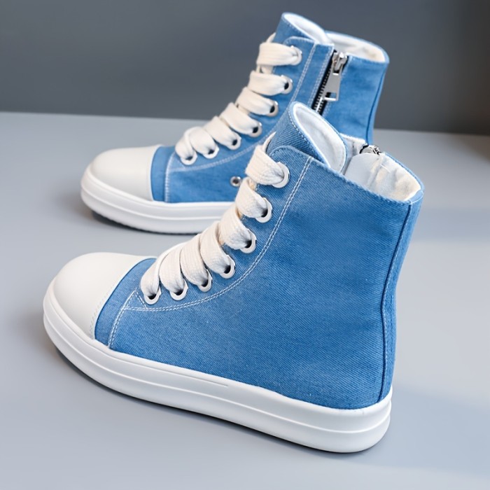 Women's Solid Color High Top Sneakers, Casual Lace Up Outdoor Shoes, Comfortable Side Zipper Shoes