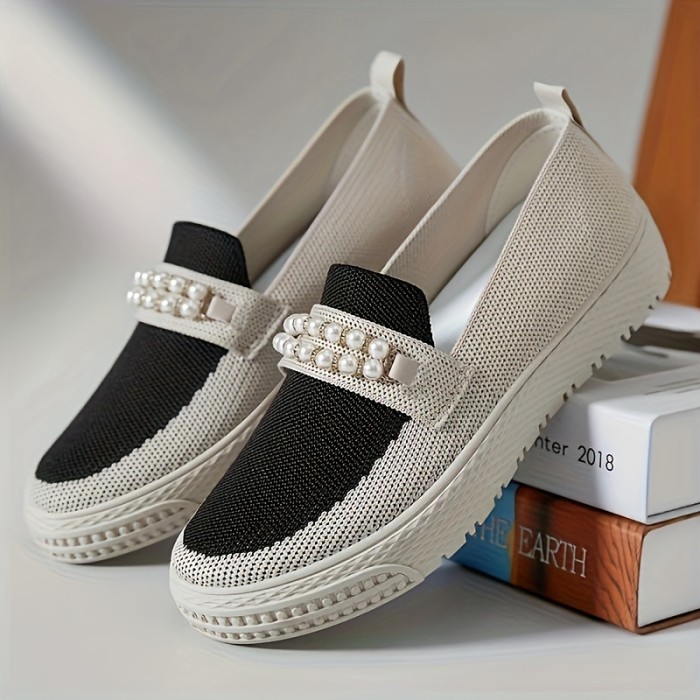 Women's Faux Pearl Sneakers, Breathable Knit Slip On Outdoor Shoes, Comfortable Low Top Shoes