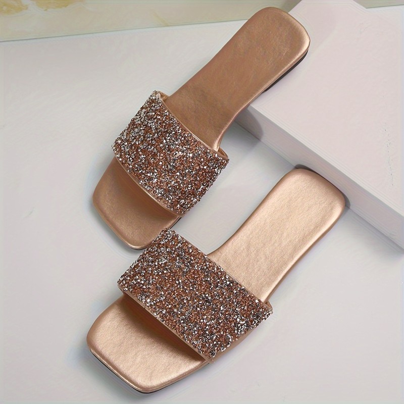 Women's Sequins Flat Slides, Fashionable Single Band Square Open Toe Shoes, Stylish Outdoor Beach Slides