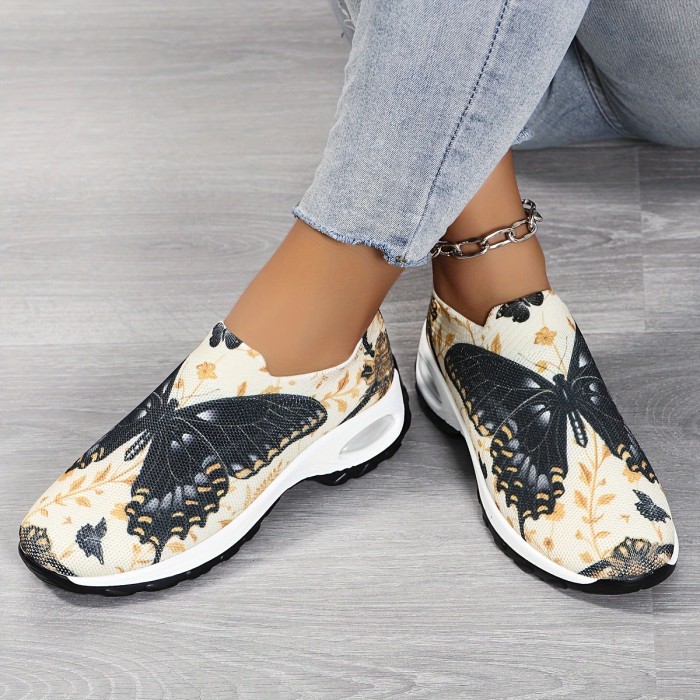 Women's Butterfly Pattern Chunky Sneakers, Casual Slip On Outdoor Shoes, Comfortable Low Top Sport Shoes