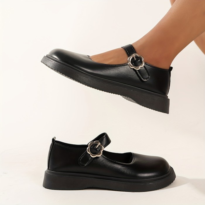 Women's Buckle Strap Flat Loafers, Preppy Style Round Toe Shoes, All-Match School Uniform Loafers
