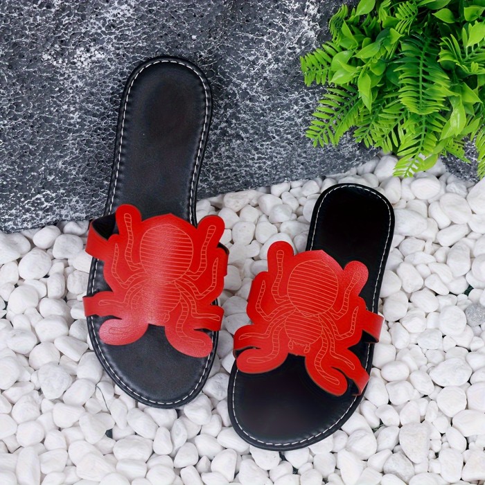 Women's Cute Spider Decor Slide Sandals, Casual Open Toe Flat Summer Shoes, Lightweight Slide Sandals