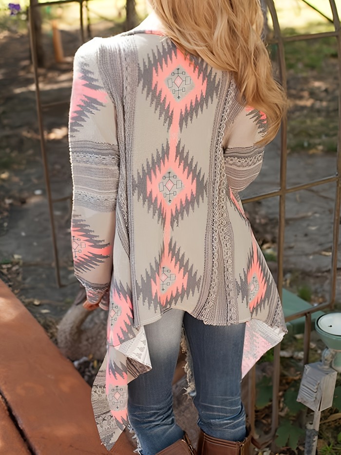 Aztec Pattern Open Front Knit Cardigan, Vacation Asymmetrical Hem Outwear For Spring & Fall, Women's Clothing