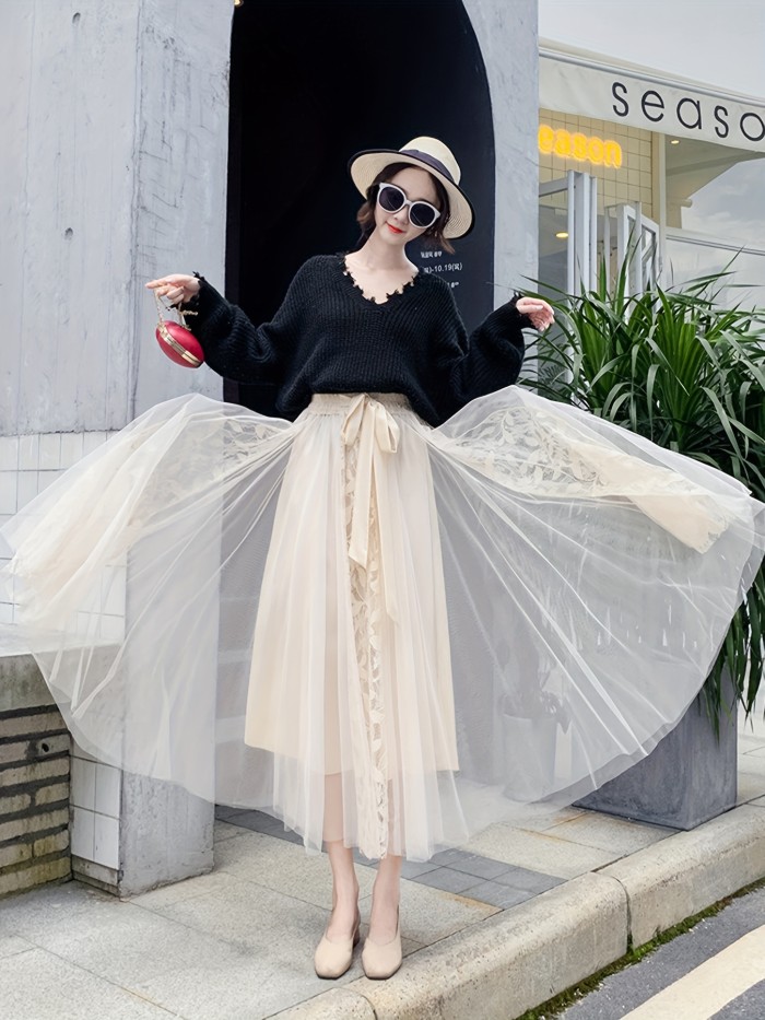 Contrast Lace Tied Waist Tulle Skirt, Casual A-line Skirt For Spring & Summer, Women's Clothing
