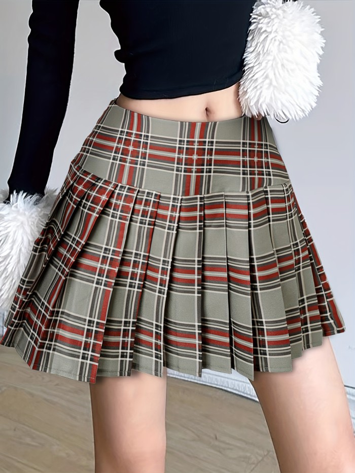 Plaid Pattern High Waist Skirt, Preppy Mini Pleated Skirt For Spring & Summer, Women's Clothing