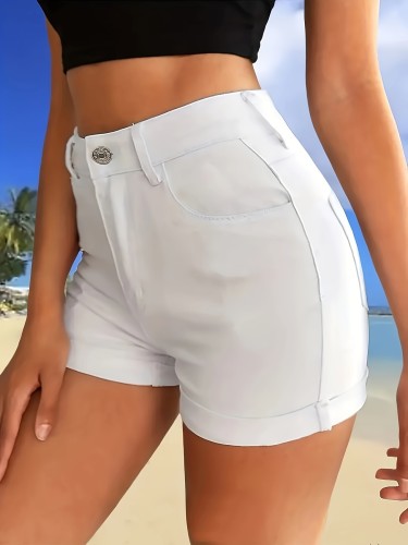 Rolled Hem Casual Denim Shorts, Slash Pockets Stretchy Short Denim Pants, Women's Denim Jeans & Clothing