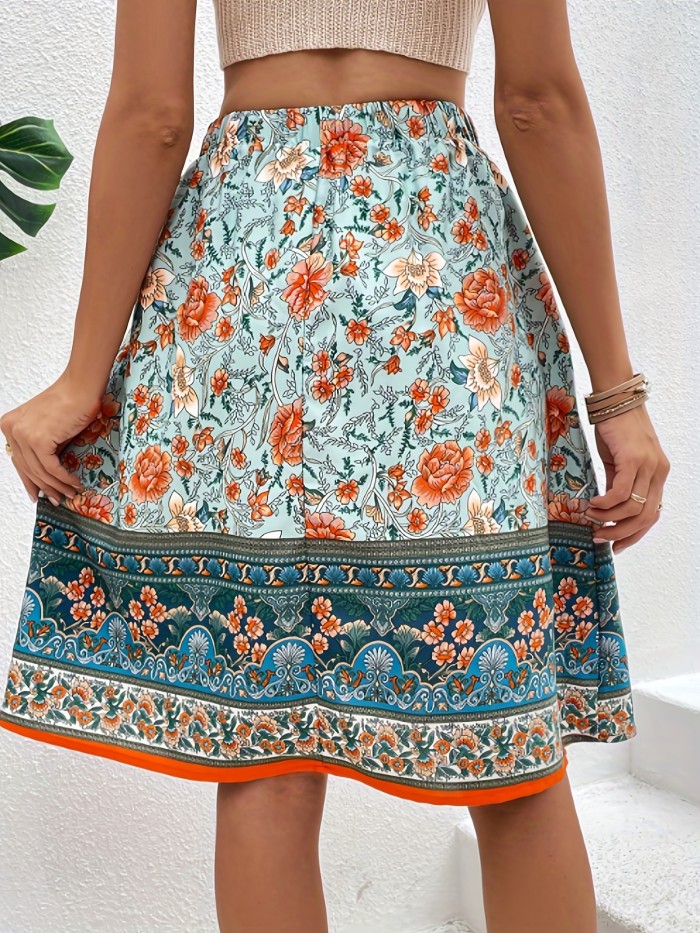 Floral Print Drawstring Skirt, Casual Elastic Waist Skirt For Spring & Summer, Women's Clothing