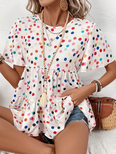Polka Dots Print Crew Neck Blouse, Elegant Button Decor Short Sleeve Blouse For Spring & Summer, Women's Clothing