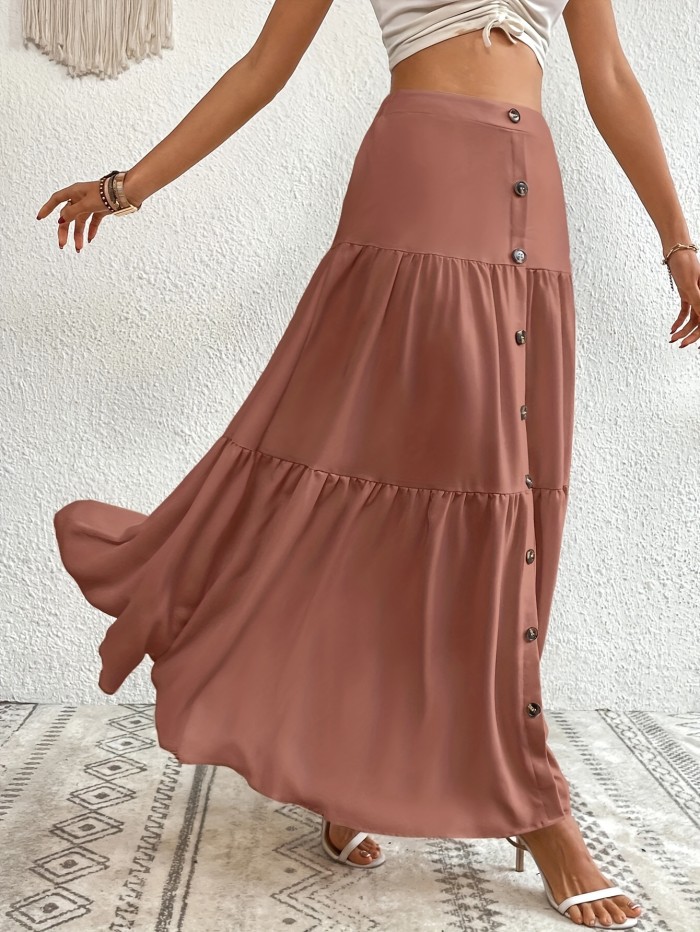 High Waist Tiered Maxi Skirt - Casual Solid Button Front - Women's Fashion
