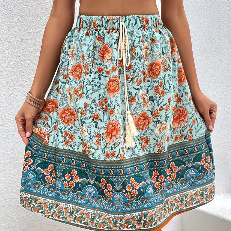 Floral Print Drawstring Skirt, Casual Elastic Waist Skirt For Spring & Summer, Women's Clothing