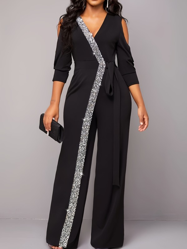 Sequined Cut Out V-neck Jumpsuit, Elegant Contrast Trim Tie Waist Jumpsuit For Spring & Fall, Women's Clothing