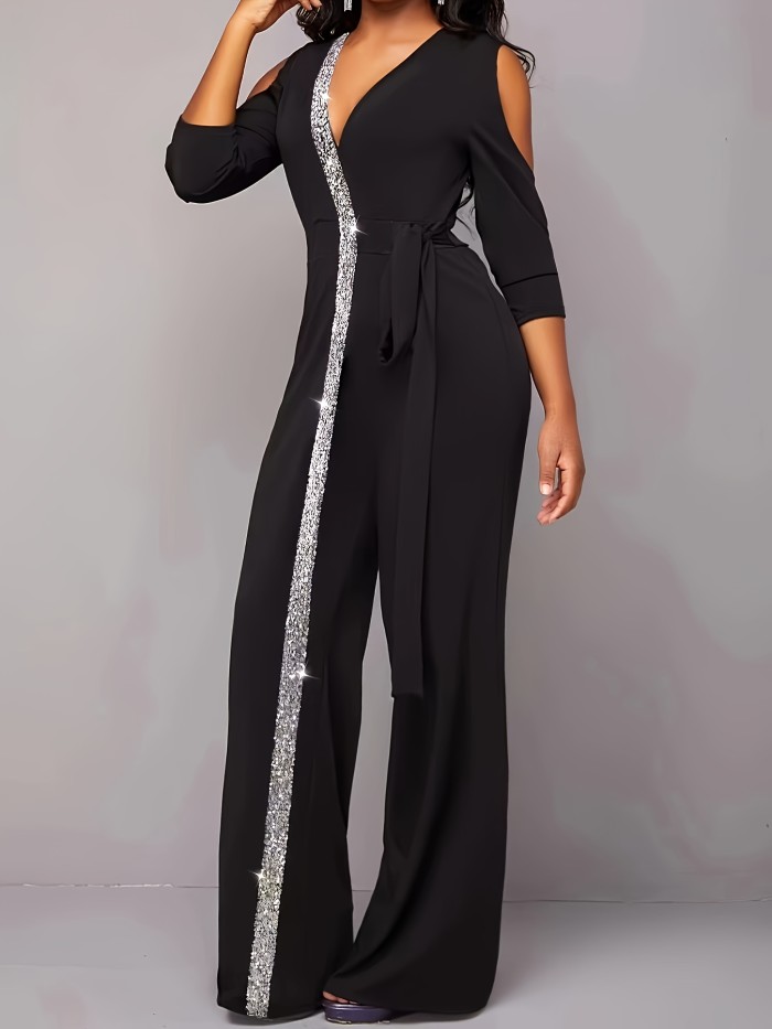 Sequined Cut Out V-neck Jumpsuit, Elegant Contrast Trim Tie Waist Jumpsuit For Spring & Fall, Women's Clothing