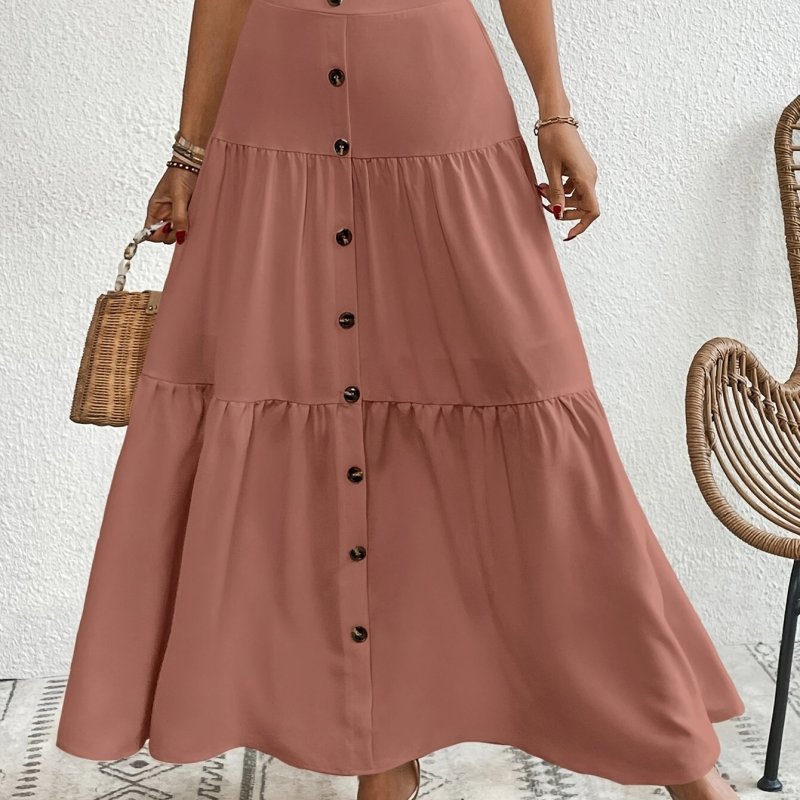 High Waist Tiered Maxi Skirt - Casual Solid Button Front - Women's Fashion