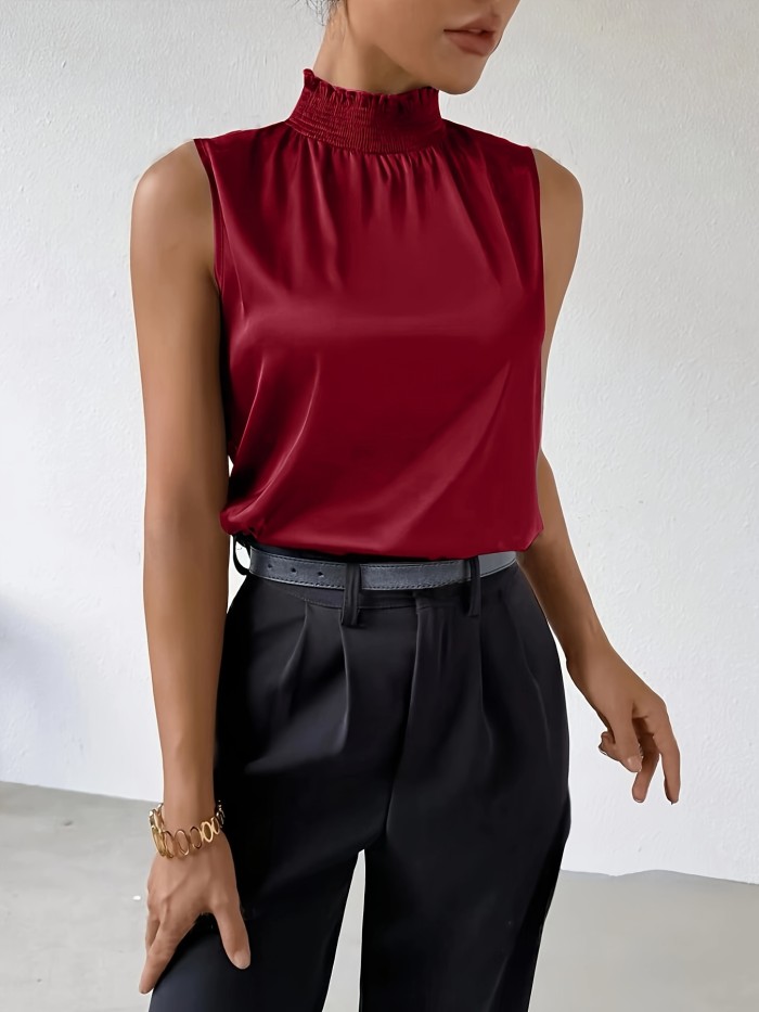 Solid Mock Neck Shirred Blouse, Elegant Sleeveless Ruched Blouse For Spring & Summer, Women's Clothing