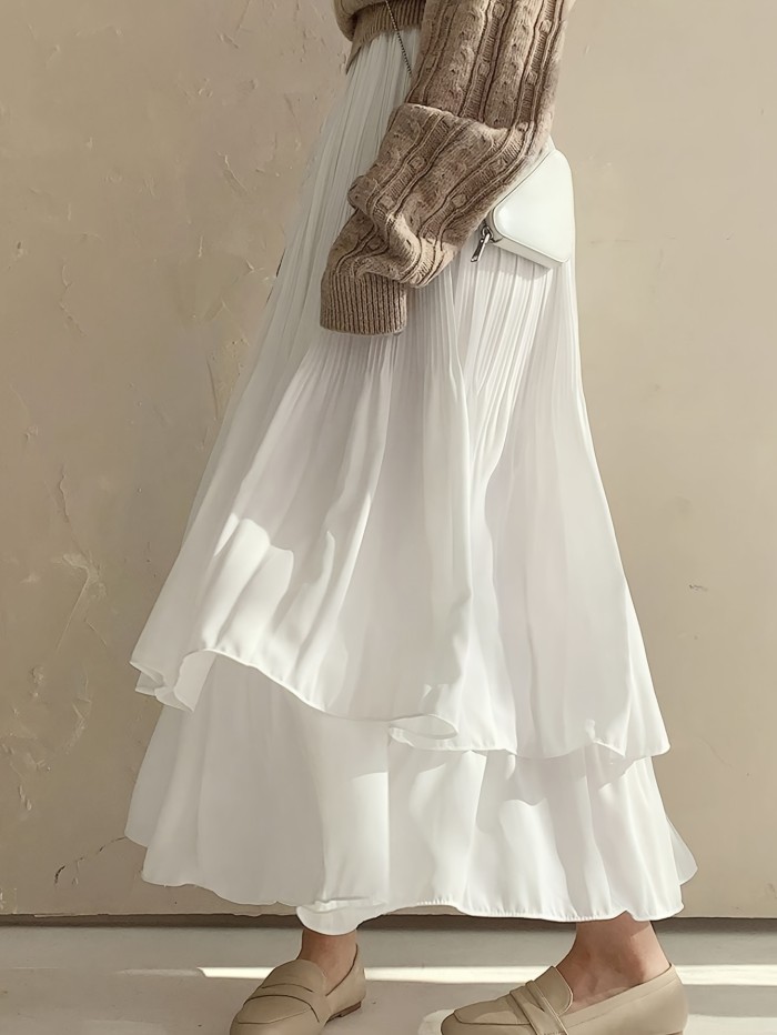 Elegant High Waist Flowy Maxi Skirt for Women - Tiered Ruffle Hem, Solid Color