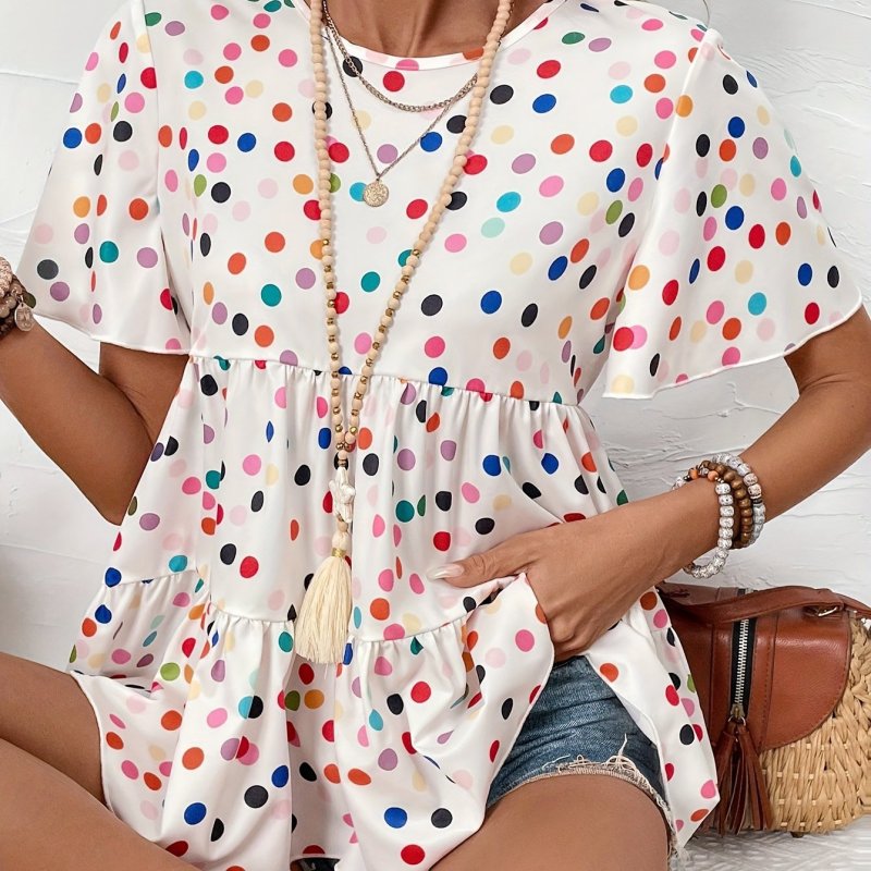 Polka Dots Print Crew Neck Blouse, Elegant Button Decor Short Sleeve Blouse For Spring & Summer, Women's Clothing