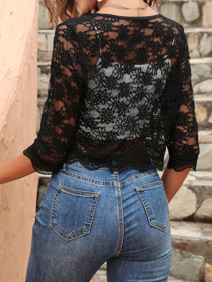 Floral Lace Open Front Blouse, Elegant Half Sleeve Crop Blouse For Spring & Summer, Women's Clothing