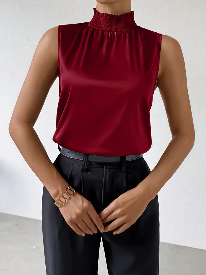 Solid Mock Neck Shirred Blouse, Elegant Sleeveless Ruched Blouse For Spring & Summer, Women's Clothing