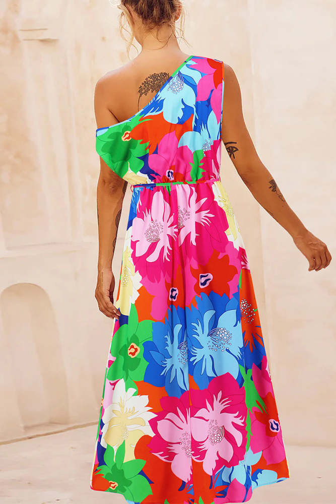 Elegant Floral Draw String Slit Oblique Collar Printed Dresses