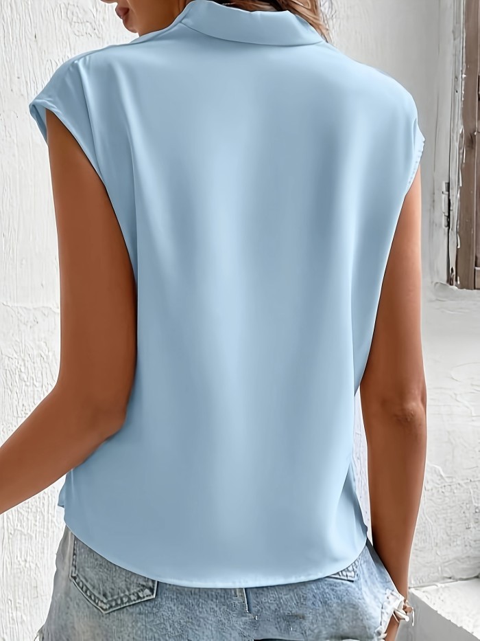 Solid Color Surplice Neck Blouse, Casual Sleeveless Top For Summer, Women's Clothing