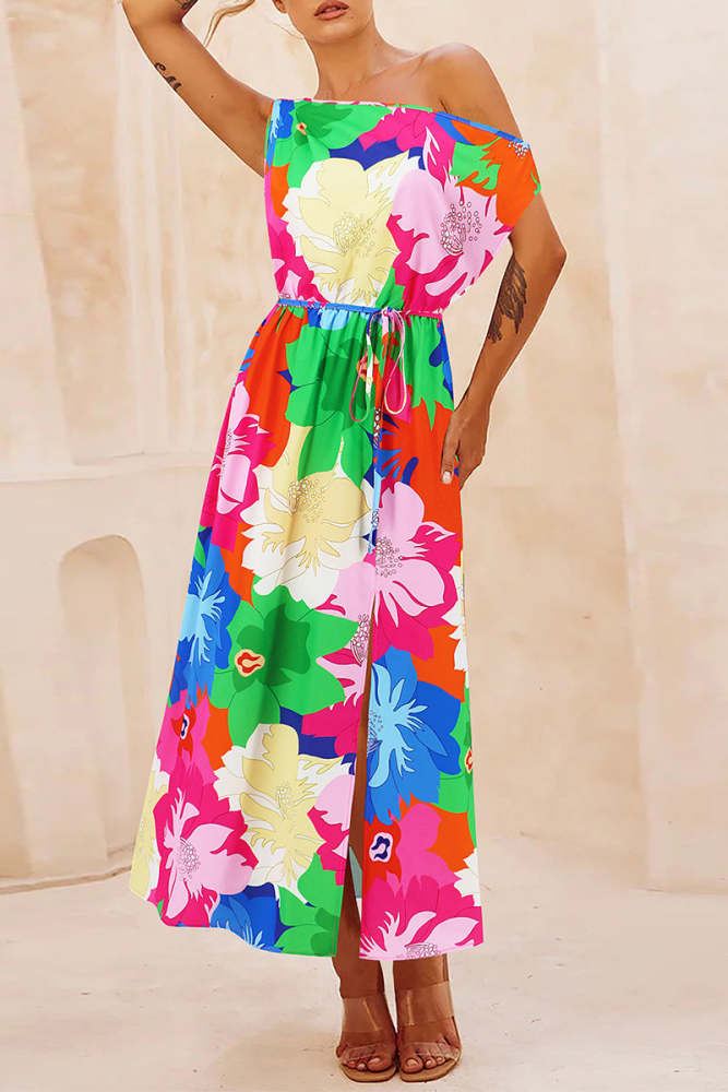 Elegant Floral Draw String Slit Oblique Collar Printed Dresses
