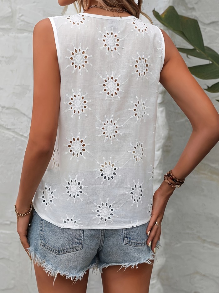 Eyelet V-neck Button Decor Blouse, Casual Sleeveless Solid Blouse For Spring & Summer, Women's Clothing