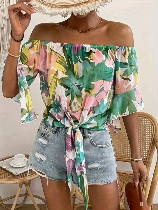 Floral Print Off Shoulder Blouse, Elegant Flared Short Sleeve Knotted Front Blouse, Women's Clothing