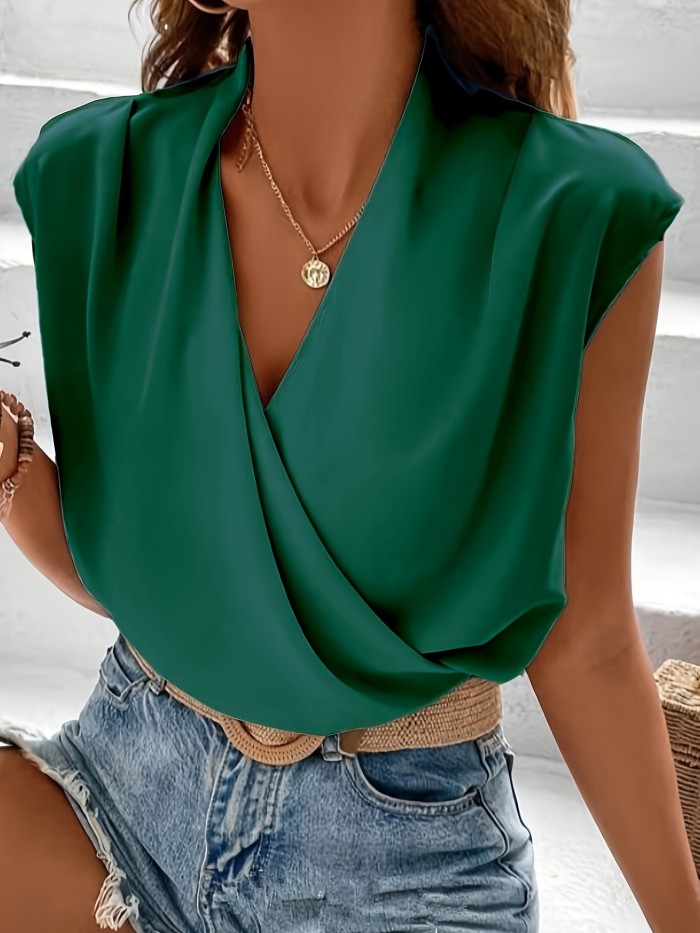 Solid Color Surplice Neck Blouse, Casual Sleeveless Top For Summer, Women's Clothing