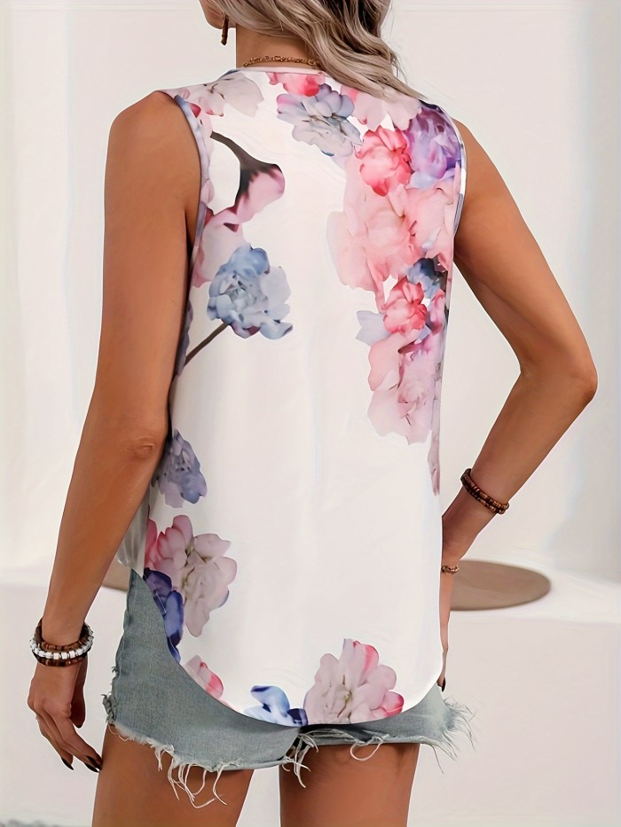Floral Print Surplice Neck Blouse, Elegant Sleeveless Top For Spring & Summer, Women's Clothing