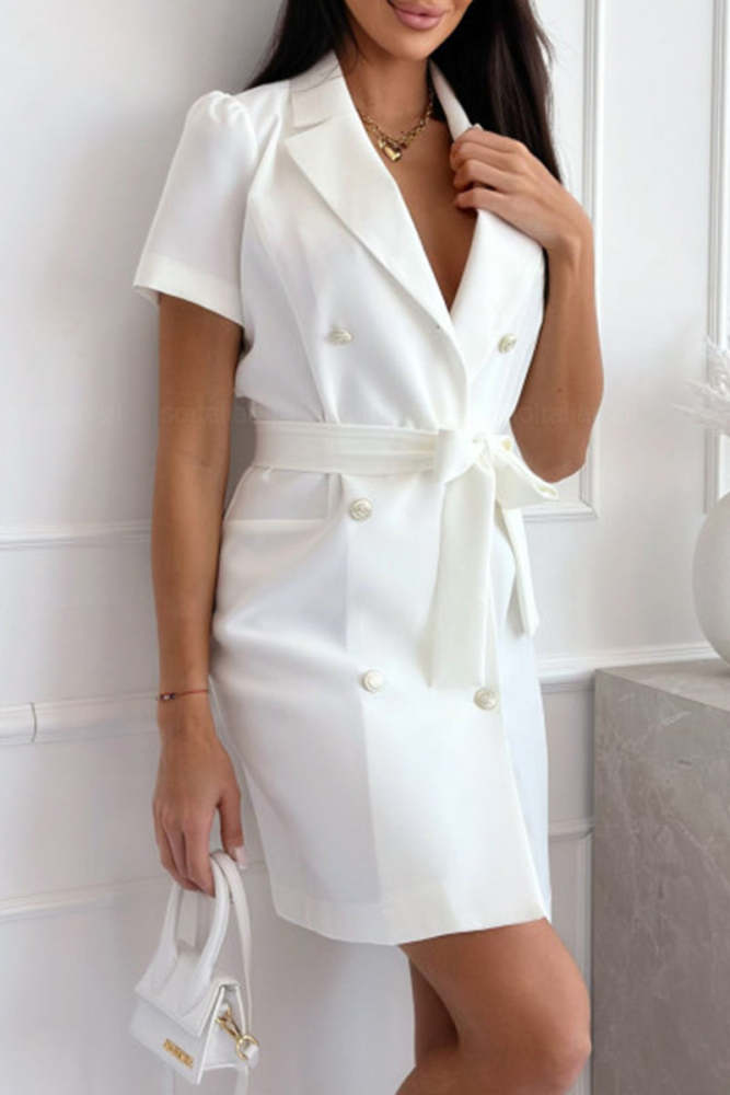 Casual British Style Solid Bandage Buttons Turn-back Collar Suit Dresses