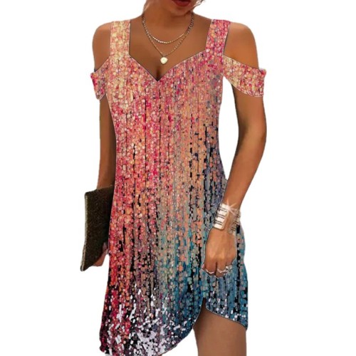 Abstract Print Color Block Dress, Boho V Neck Short Sleeve Dress, Women's Clothing