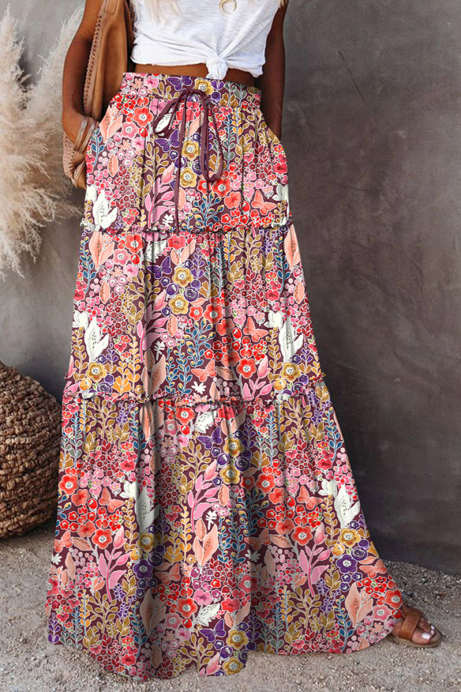 Floral Print Ruffle Hem Skirt, Vintage High Waist Swing Skirt For Spring & Fall, Women's Clothing